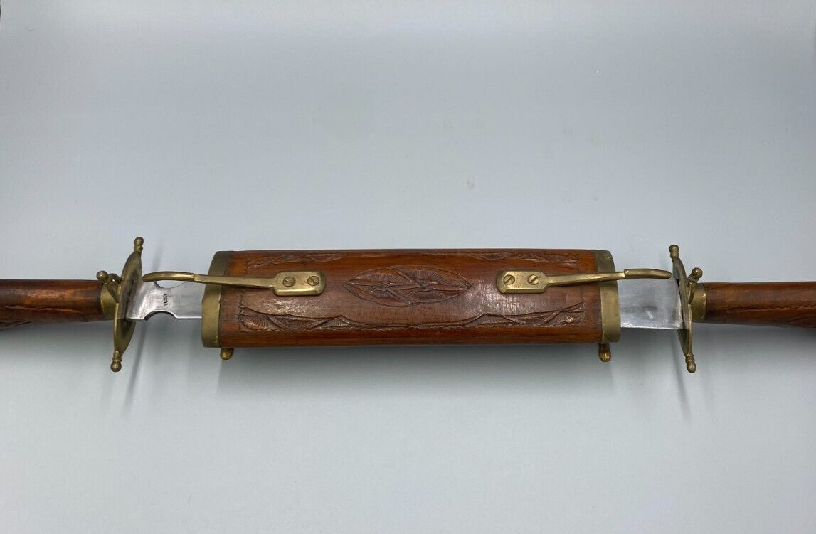 Vintage Indian knife and fork set wooden carved wood and brass trim