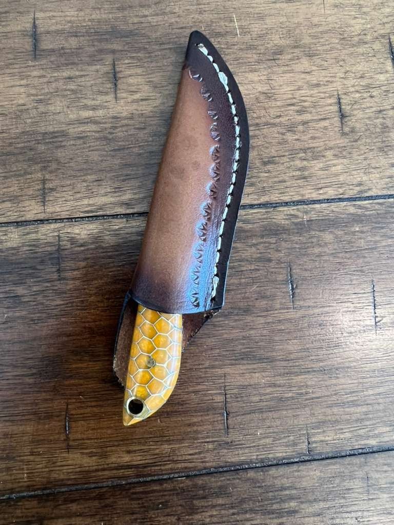 5.5″ CUSTOM EDC HANDMADE DAMASCUS NECK KNIFE W/ HONEYCOMB HANDLE & SHEATH 52.02