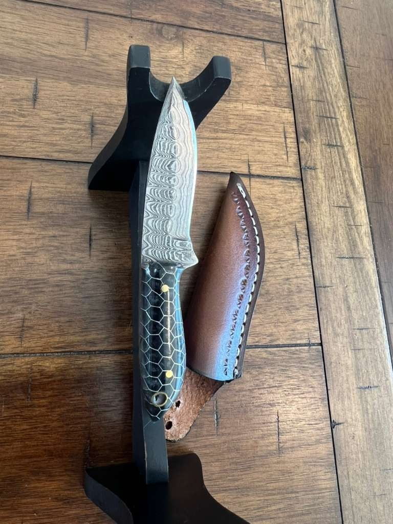 5.5″ CUSTOM EDC HANDMADE DAMASCUS NECK KNIFE W/ HONEYCOMB HANDLE & SHEATH 52.02