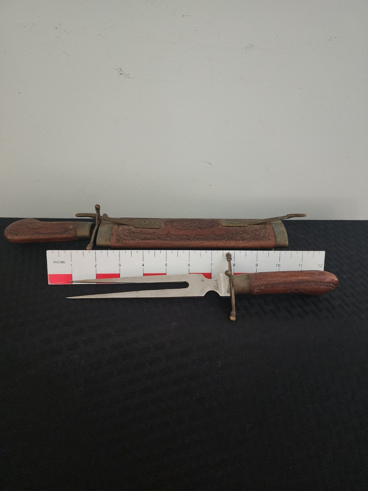 Vintage Indian Carved Wood & Brass Sheath Knife and Fork Set – Decorative or Dis