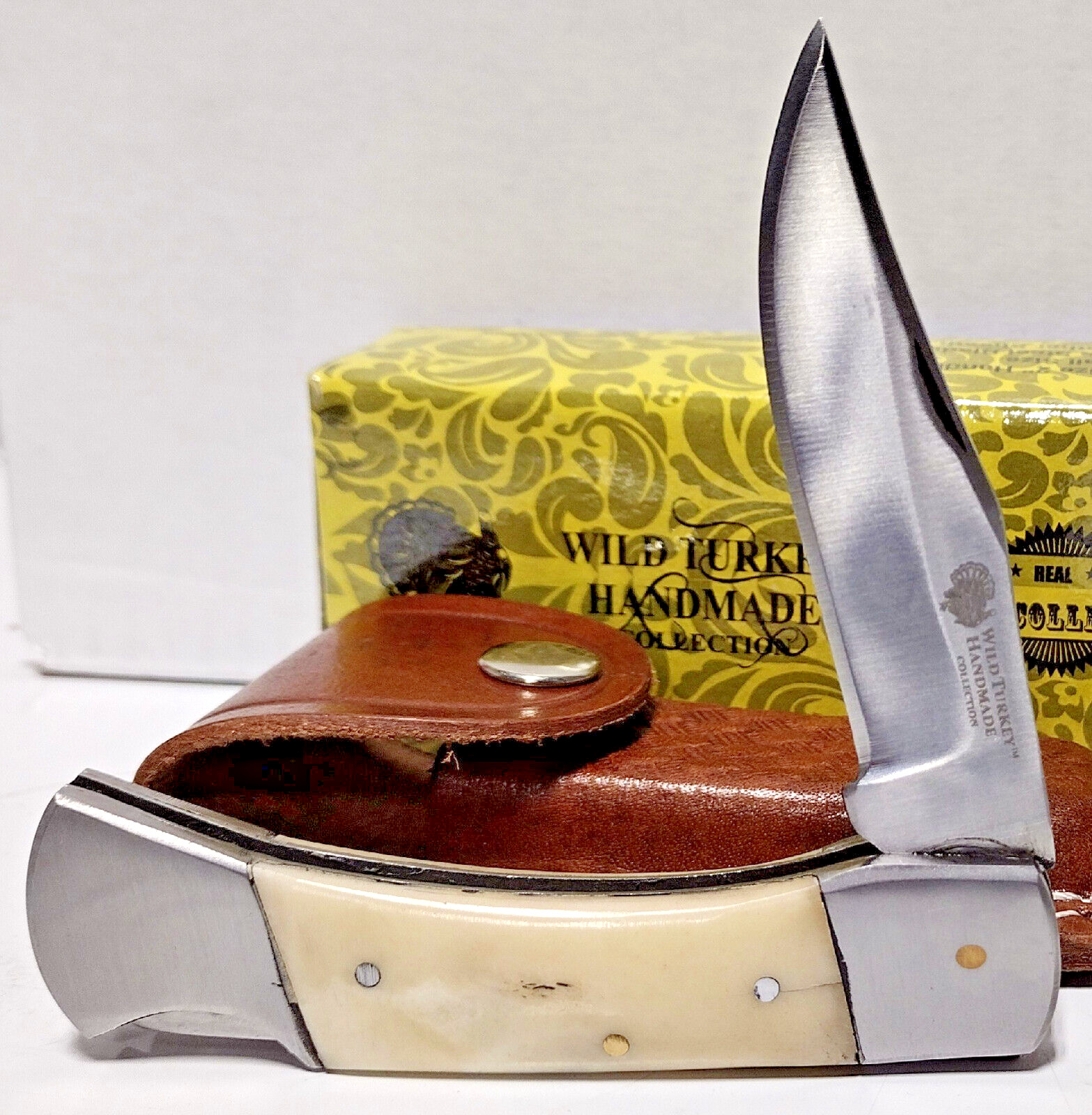 Wild Turkey White Bone Clip Point Blade Lockback Hunting Pocket Knife + Sheath