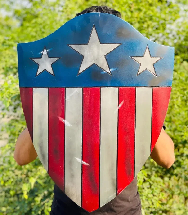 Captain America Shield: Battle Damaged Aluminum, Leather Straps – 19.5×25 Inch