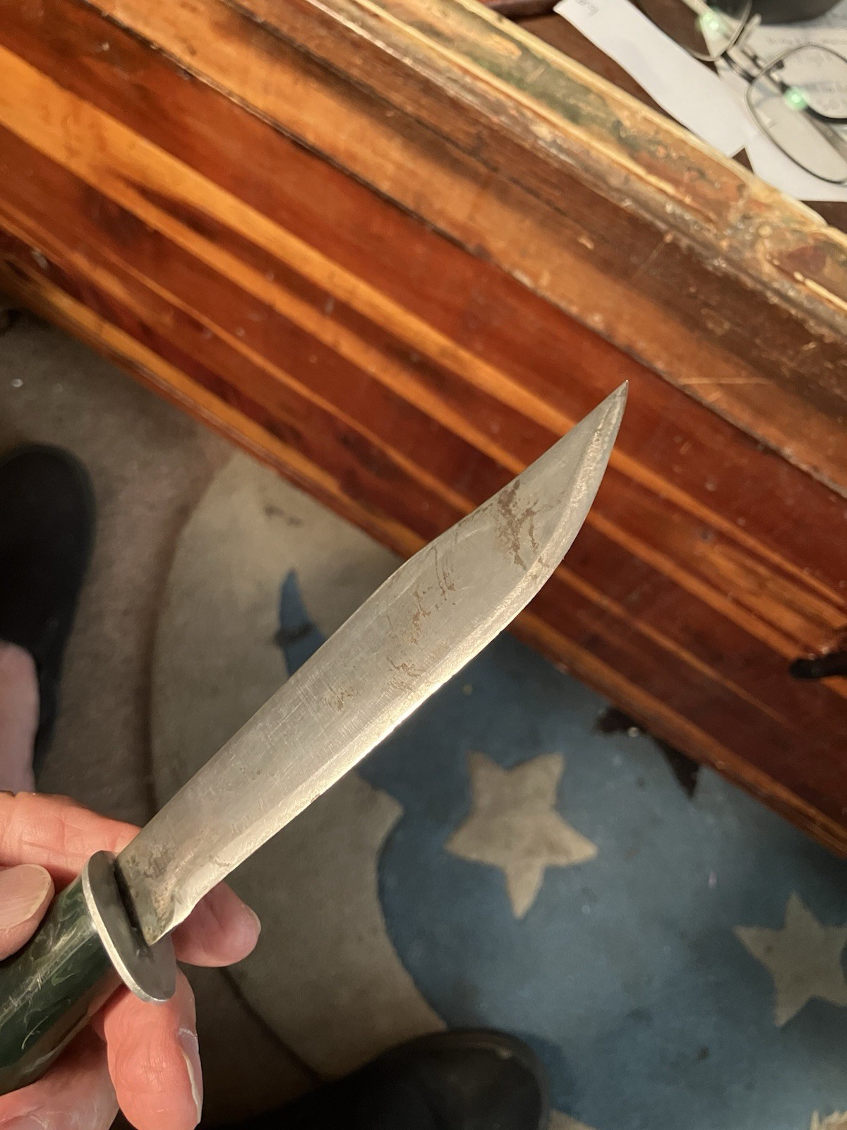 Vtg 9” Unbranded Fixed Bld Hunting Knife w/ Yellow Swirl Blk Plastic Hnd &Sheath