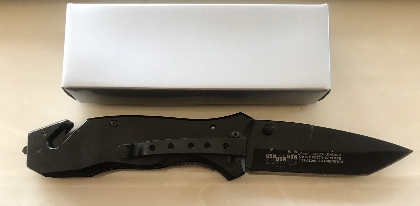 United States Military USN Black Blade Knife w/Belt Clip