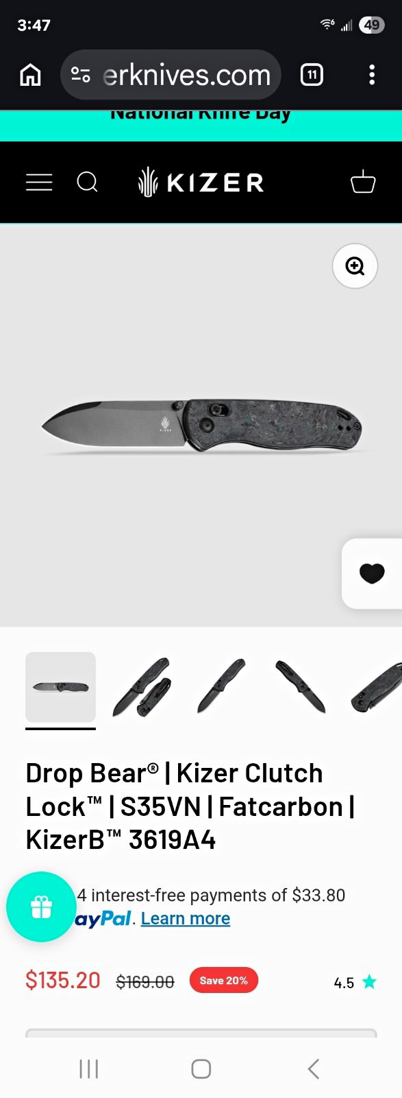 Kizer Drop Bear Pocketknife S35VN Drop Point Plain Clutch Lock Fatcarbon