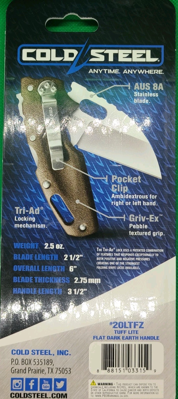 Cold Steel Tuff Lite 20LTFZ AUS8 Stainless Steel Dark Earth New In Clamshell