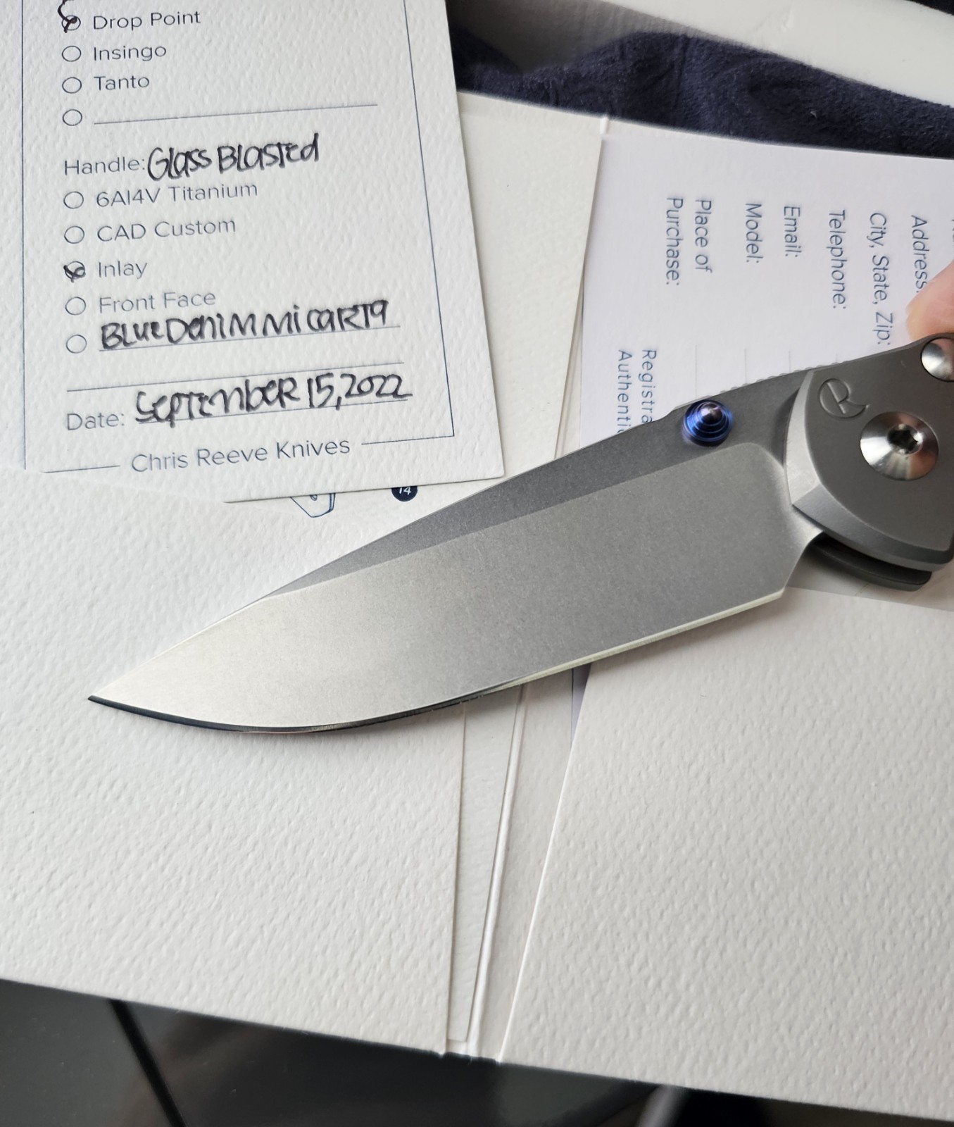 Chris Reeve Large Inkosi BIue Denim Micart Inlay S45VN Drop Point