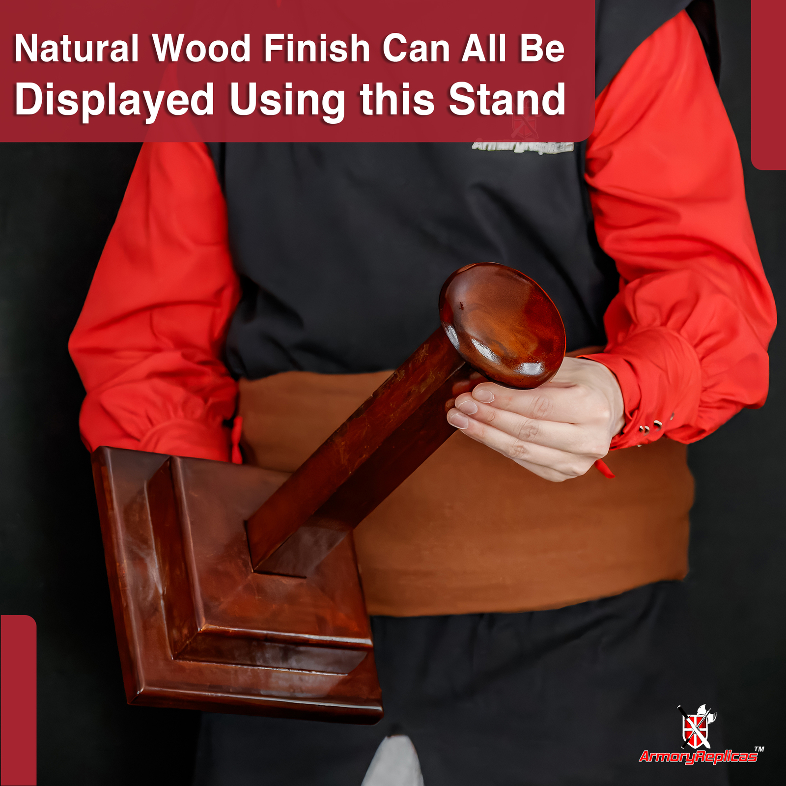 MANGO WOOD HELMET ARMOR STAND | HANDCRAFTED SQUARE BASE POLISHED WOOD DISPLAY