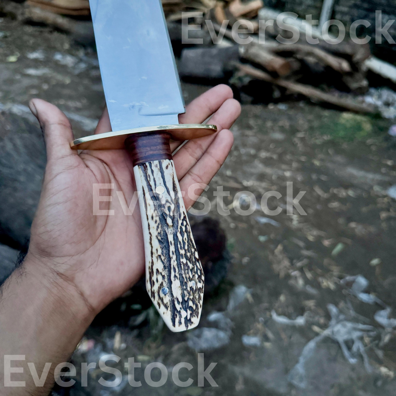 HANDMADE COFFIN HANDLE BOWIE HUNTING KNIFE WITH ANTLER HANDLE WITH LEATHER SHETH