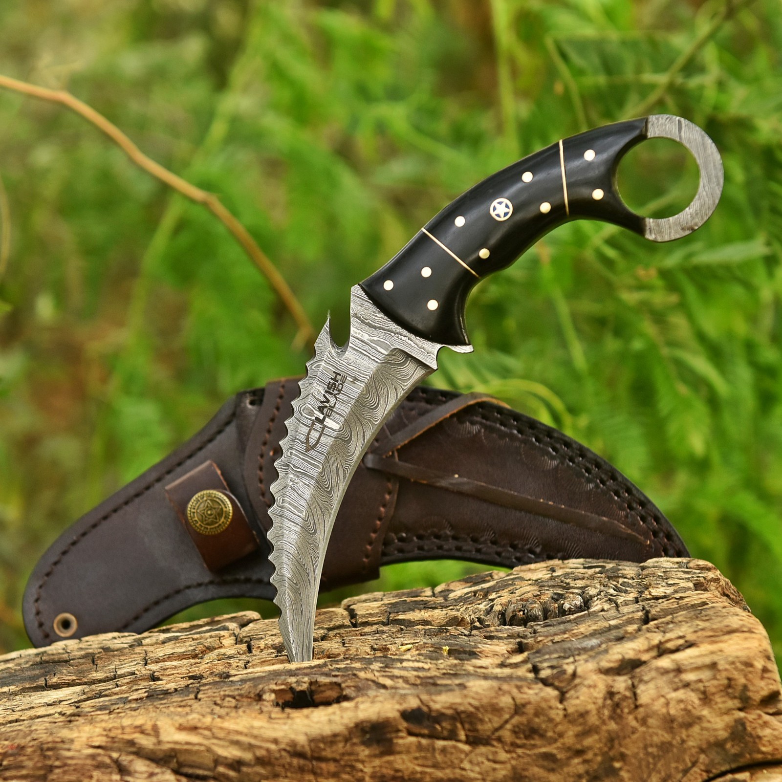 Handcrafted Damascus Karambit Knife Black Wood Hunting Survival Custom Sheath