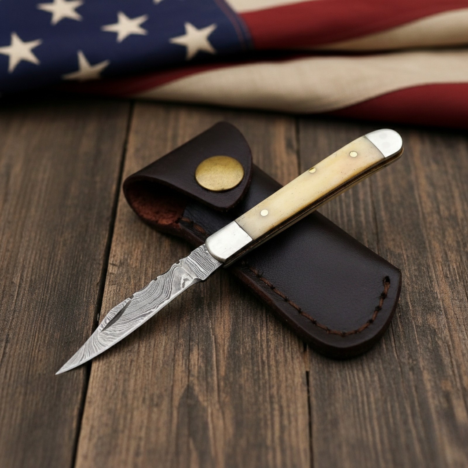 Hand Forged Damascus Steel Mini Trapper Knife Bone Handle EDC Tactical Survival