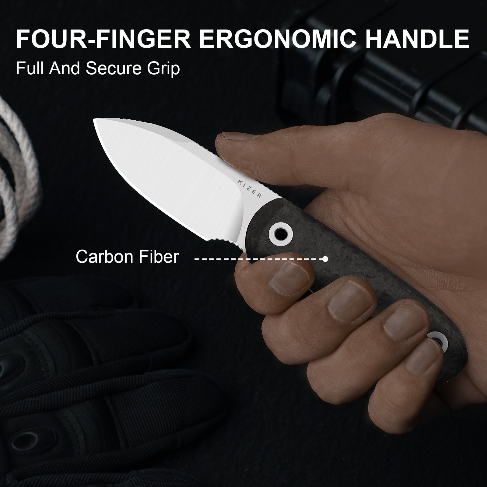 Kizer Drop Bear Fix Drop Point Fixed Knife M390 Blade Carbon Fiber Handle+Sheath