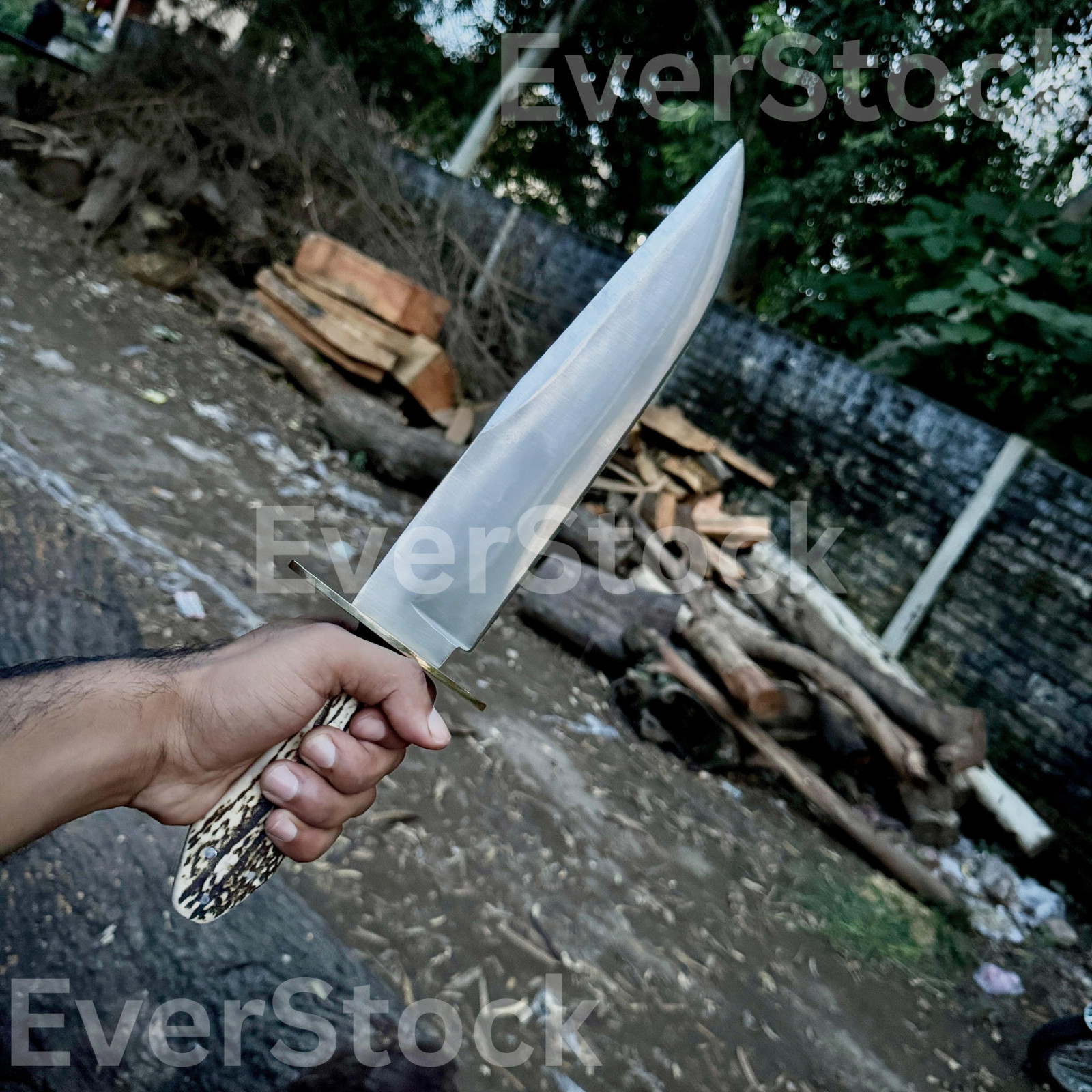HANDMADE COFFIN HANDLE BOWIE HUNTING KNIFE WITH ANTLER HANDLE WITH LEATHER SHETH