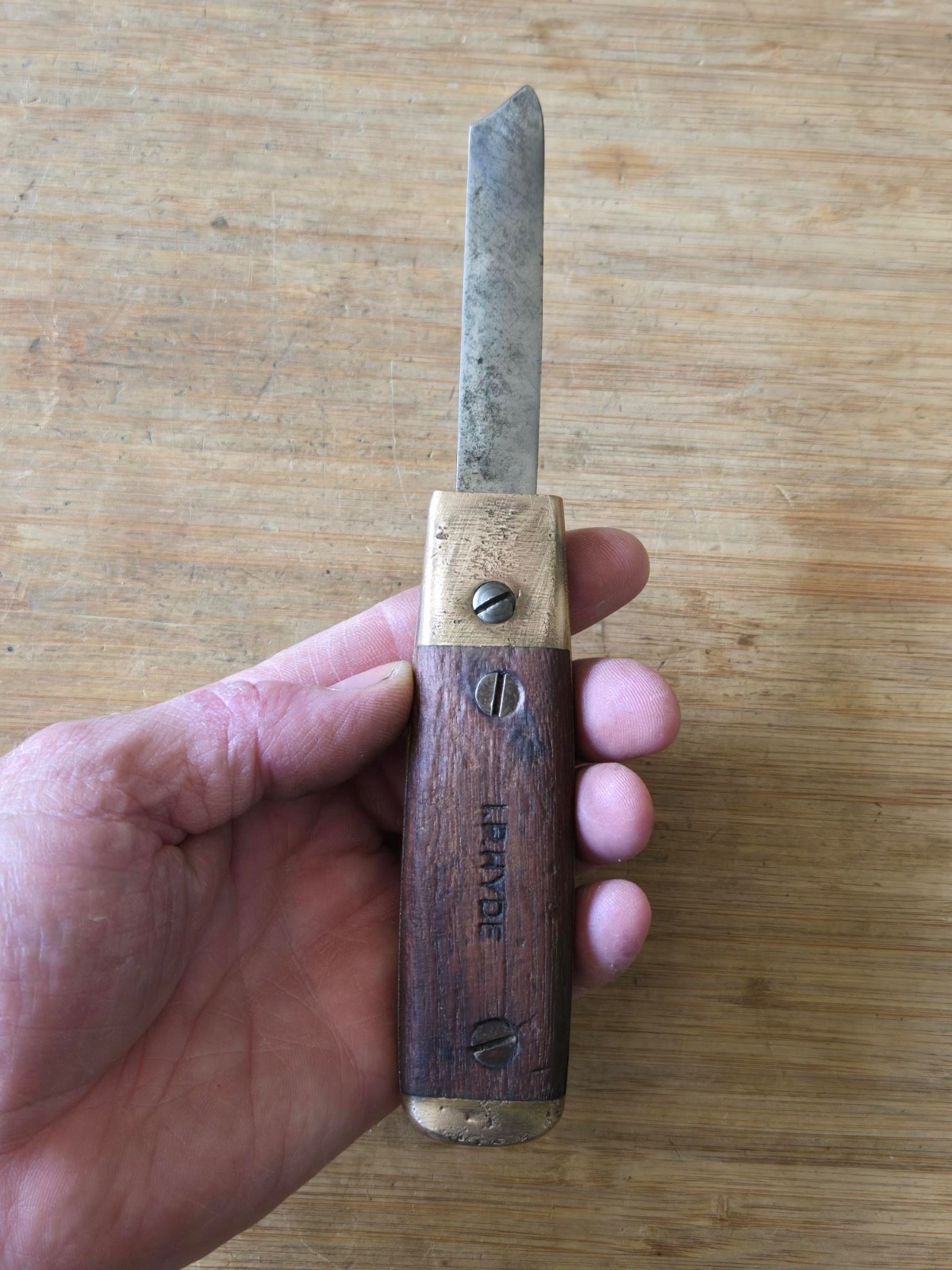 Antique I P HYDE Wood & Brass Mill Knife * Collectable Mill Knife*