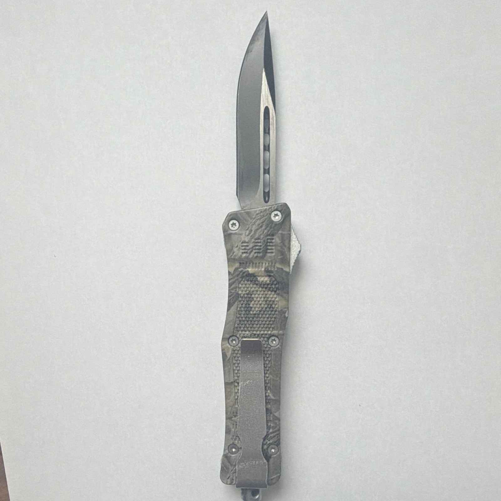 Gray/Black Camo Folding Pocketknife, Stainless Clip Point Plain Edge, Liner Lock
