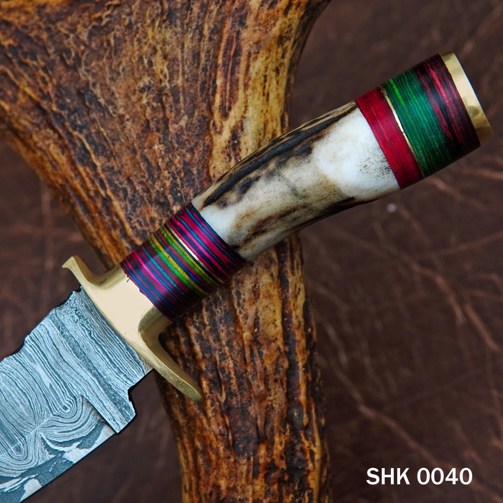 8″ CUSTOM HANDMADE DAMASCUS HUNTING SKINNING KNIFE DEER STAG Handle Brass Guard