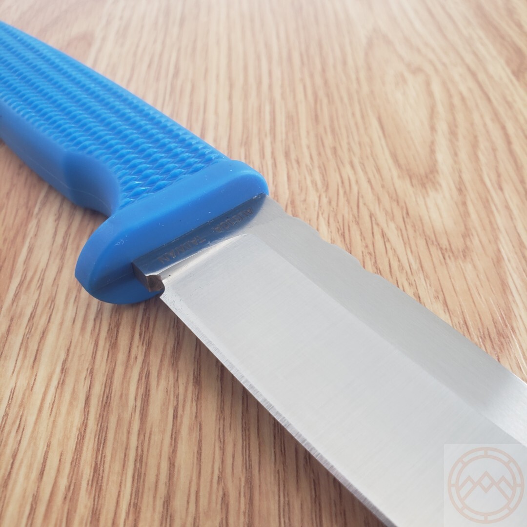 Demko Fixed Knife 5″ AUS-10A Steel Drop Point Blade Blue Checkered Rubber Handle