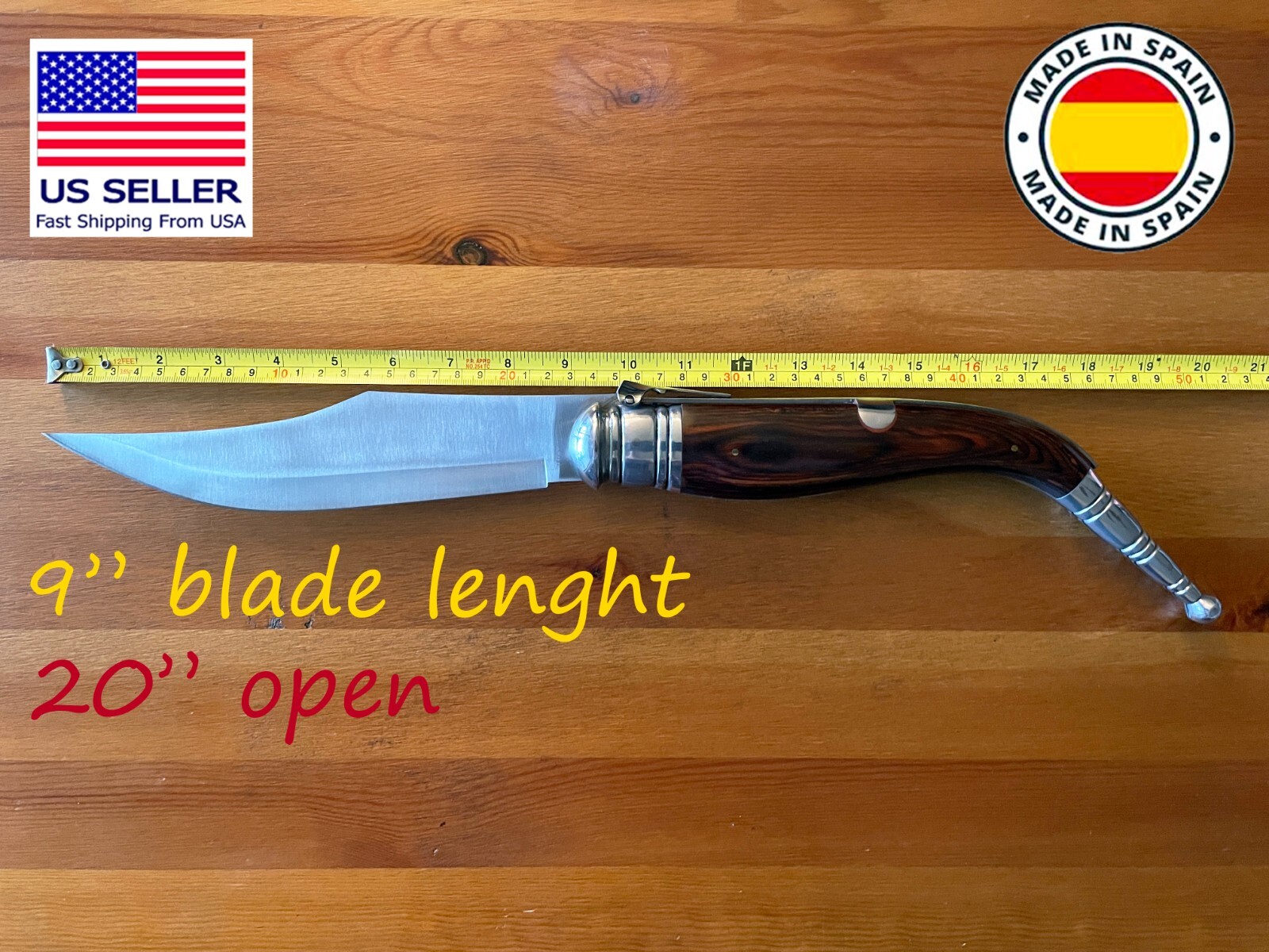 9″ Giant Navaja Sevillana Folding Ratchet Knife Red Wood Scales From Spain