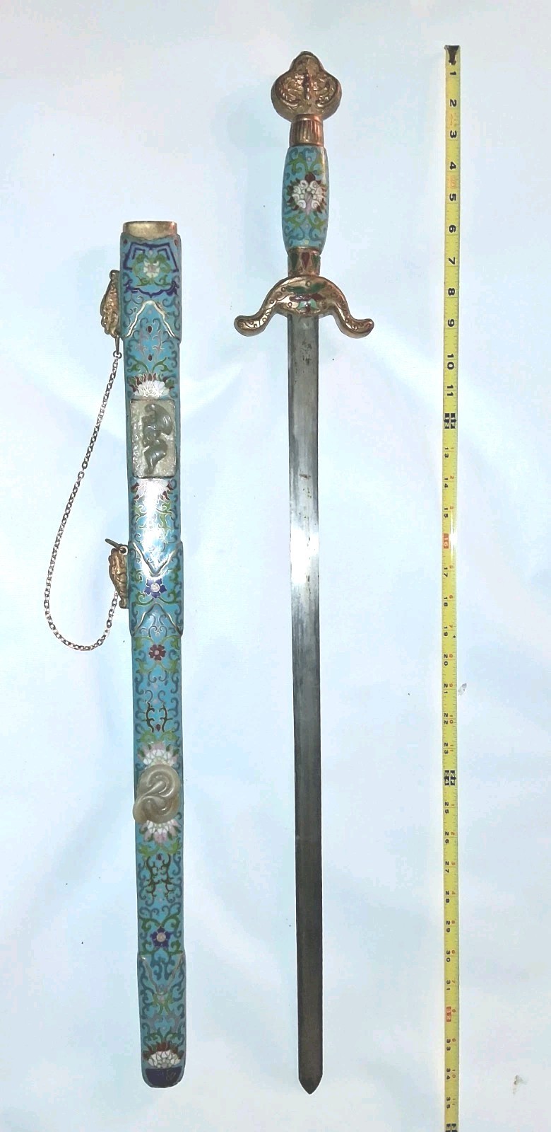 Antique Chinese Sword Jian Jade Tai Chi Cloisonne Enamel Sheath Scabbard