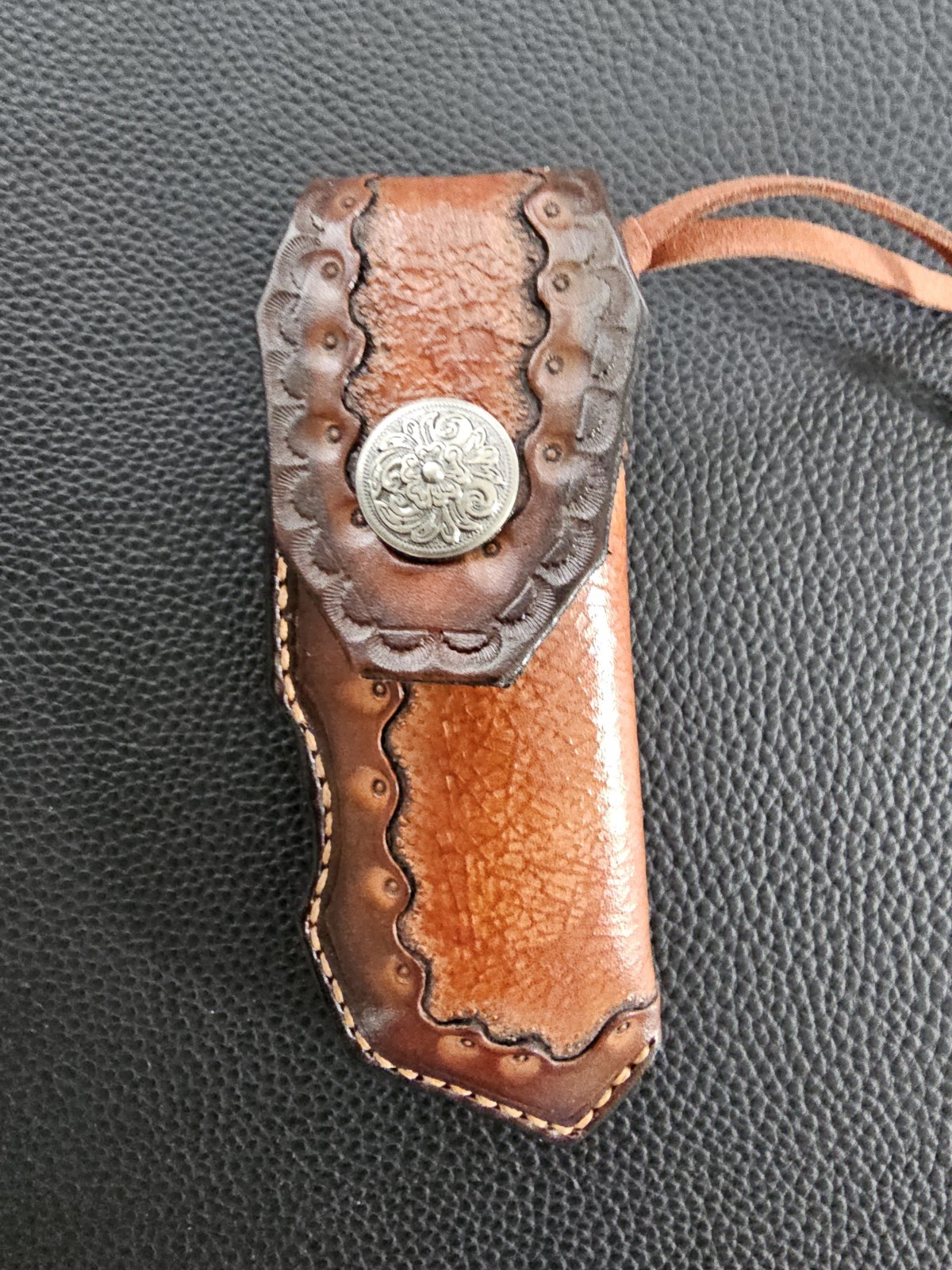 Damascus Steel Pattern Folding Knife 3.5″ Blade Wood Resin Handle Leather Sheath