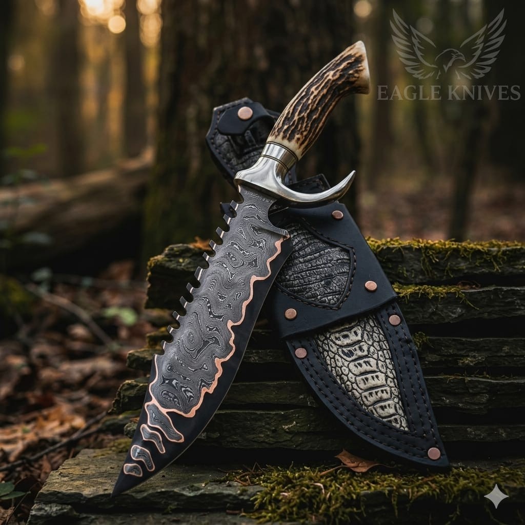 Custom Handmade Damascus Steel Copper Pattern Blade Hunting Stag Knife W/Sheath