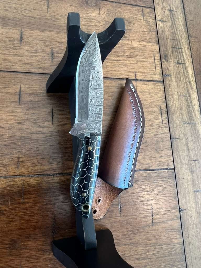 5.5″ CUSTOM EDC HANDMADE DAMASCUS NECK KNIFE W/ HONEYCOMB HANDLE & SHEATH 52.02