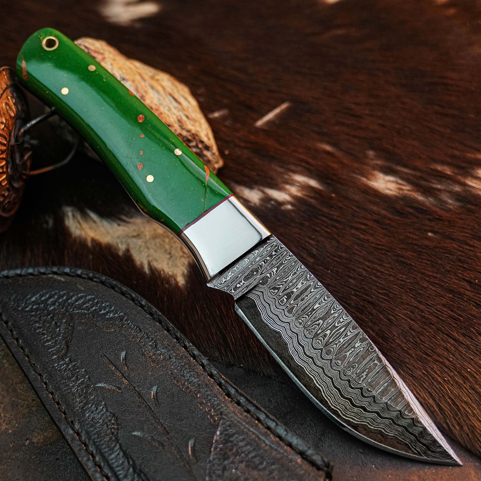 9.0″ Camping Bushcraft Damascus Knife Handmade Full Tang Resin Handle +Sheath