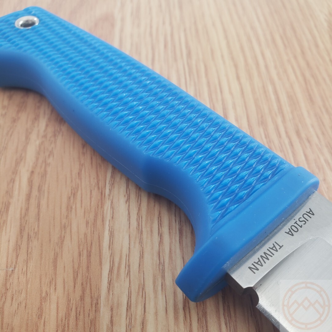Demko Fixed Knife 5″ AUS-10A Steel Drop Point Blade Blue Checkered Rubber Handle