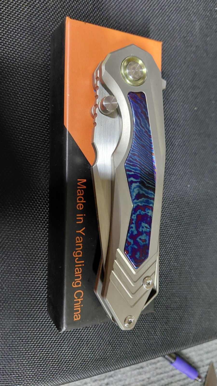 SixLeaf Folding Knife Gray/Blue Titanium/TiDamascus Handle 14C28N SL-100-Tima