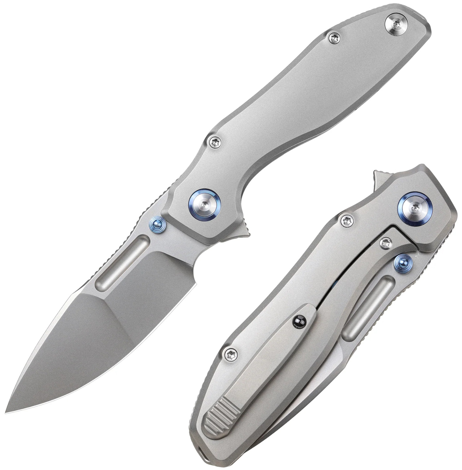REMETTE TwoFace Folding Knife 3″ Bohler M390 Steel Blade Gray Titanium Handle