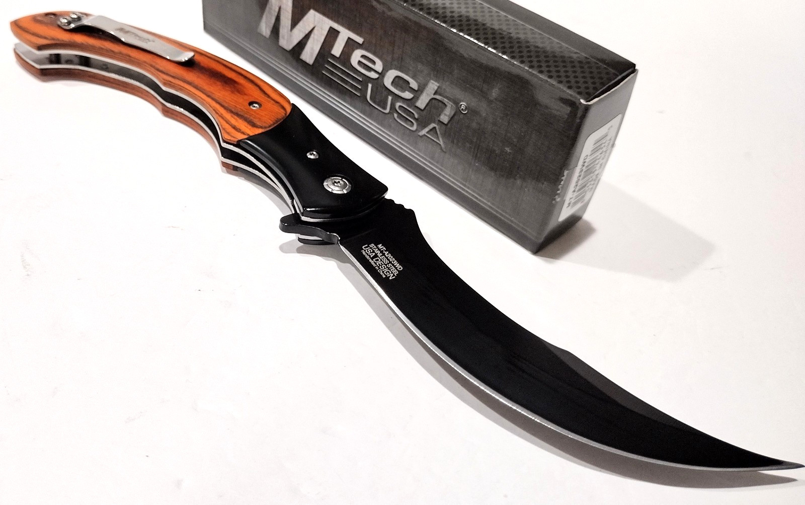 MTECH A/O Large Curved Blade Brown Wood Tactical Linerlock Folding Pocket Knife