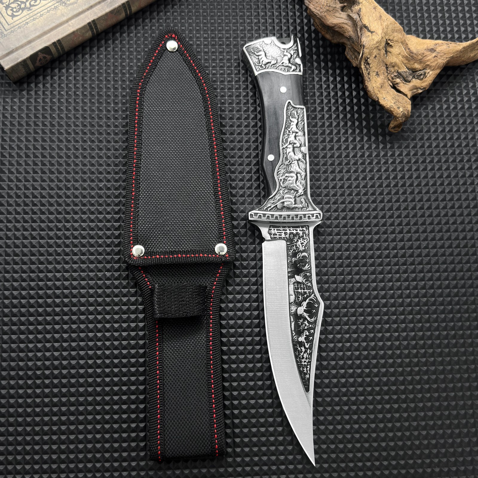 12Inch Fixed Blade Knife Comfort Grip Deer Embossed Design Nylon Sheath Included