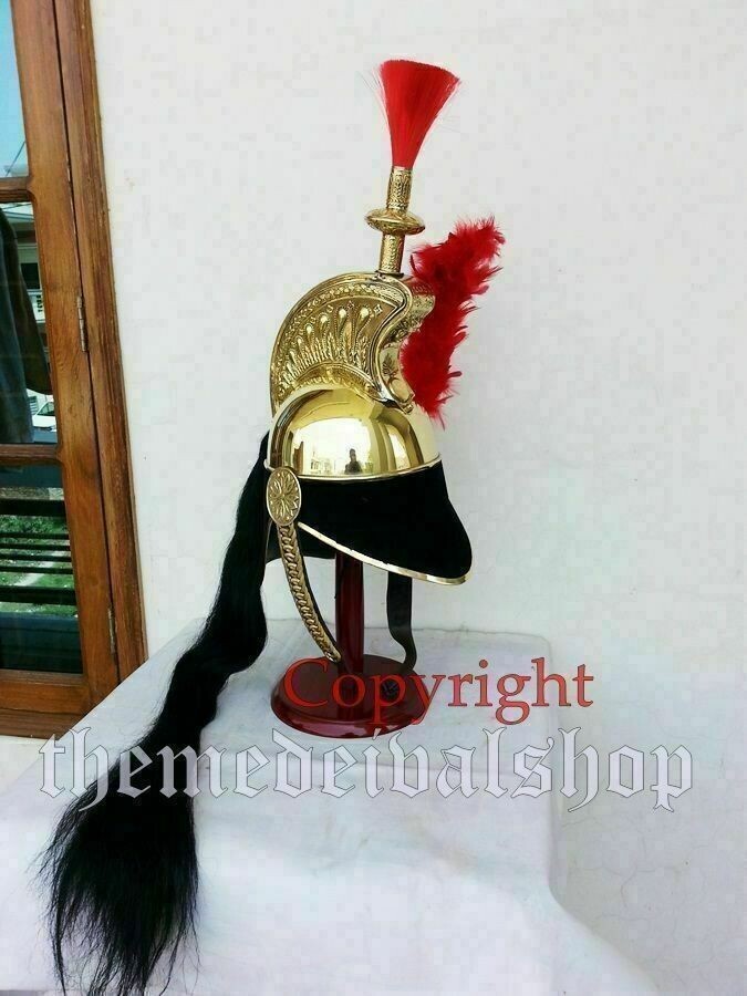 Brass French Cuirassier Officer’s Helmet Napoleon Style Helmet on Wooden Stand