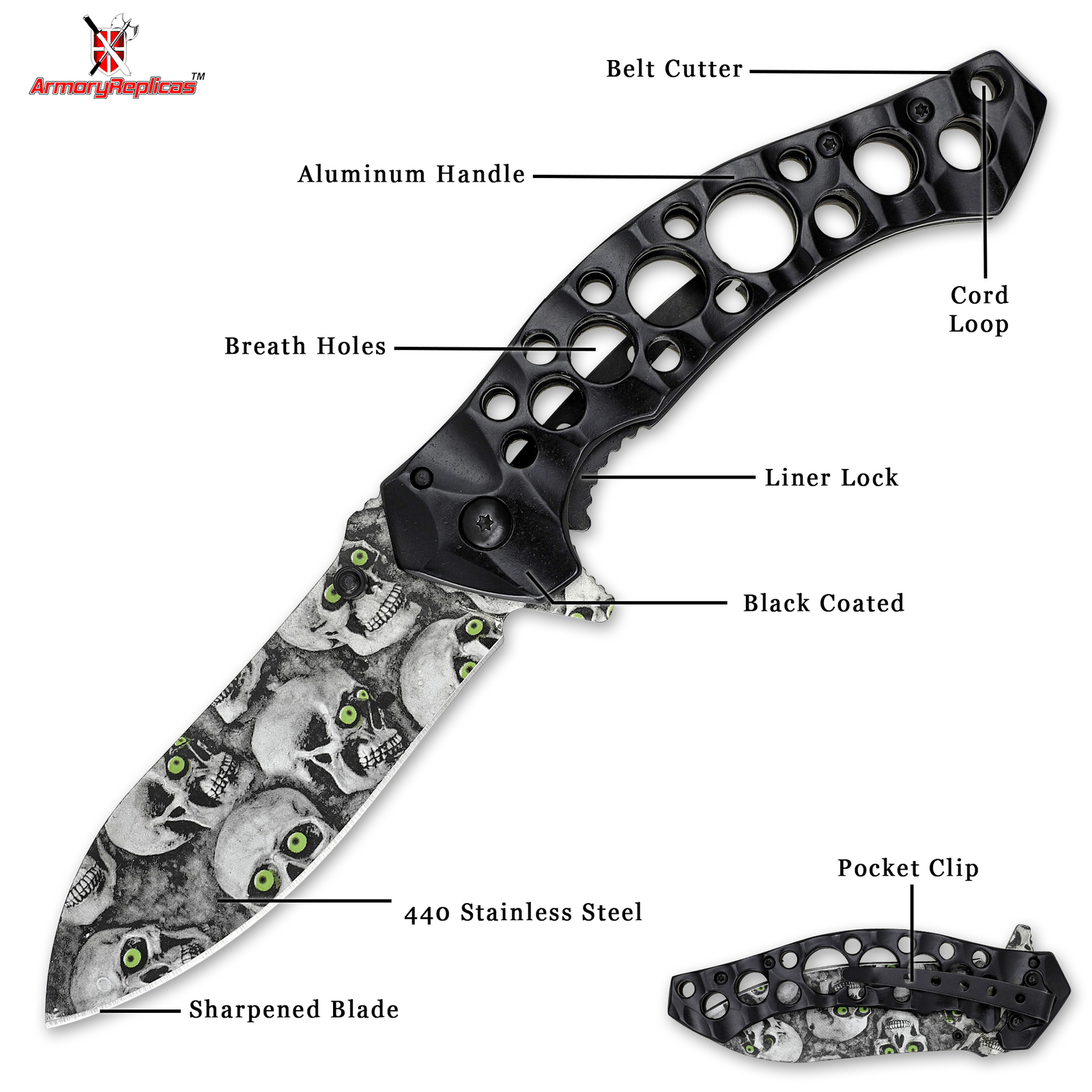 8.25″ Skull Manual Force Stainless Steel Spring Assist Folding Knife,Black Blade