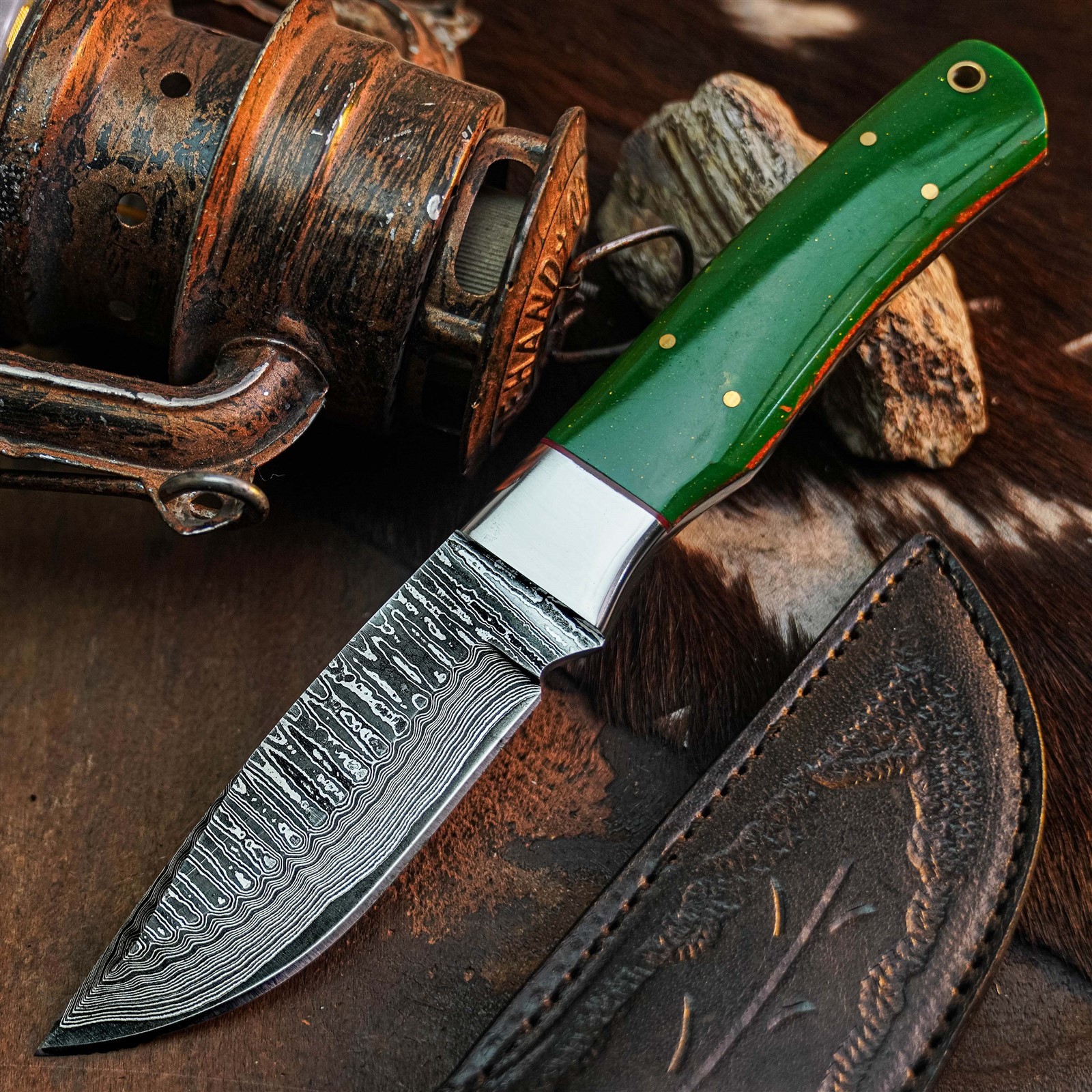 9.0″ Camping Bushcraft Damascus Knife Handmade Full Tang Resin Handle +Sheath