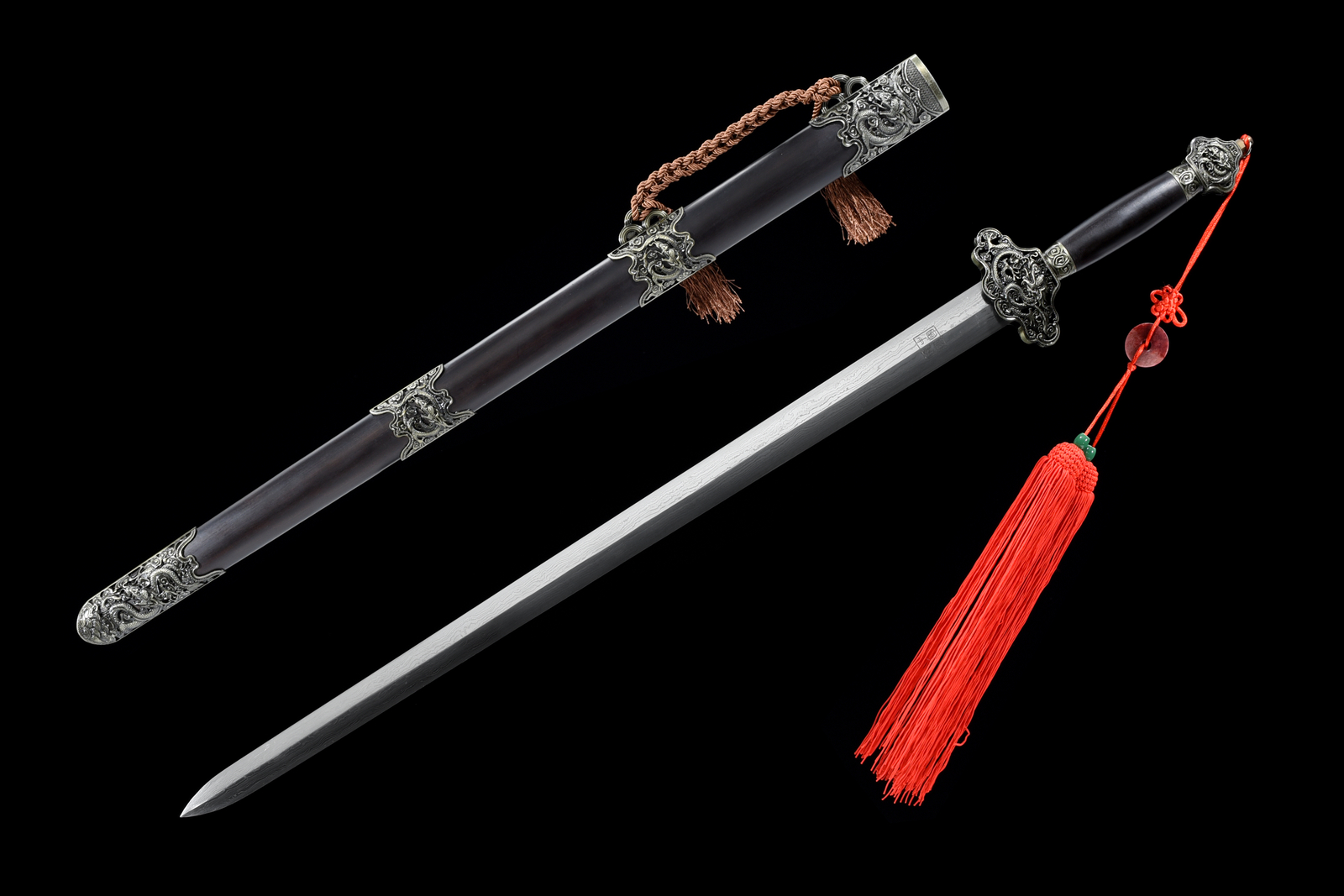 40» Flying Dragon Damascus Folded Steel Ebony Chinese Sword Handmade Qing Jian