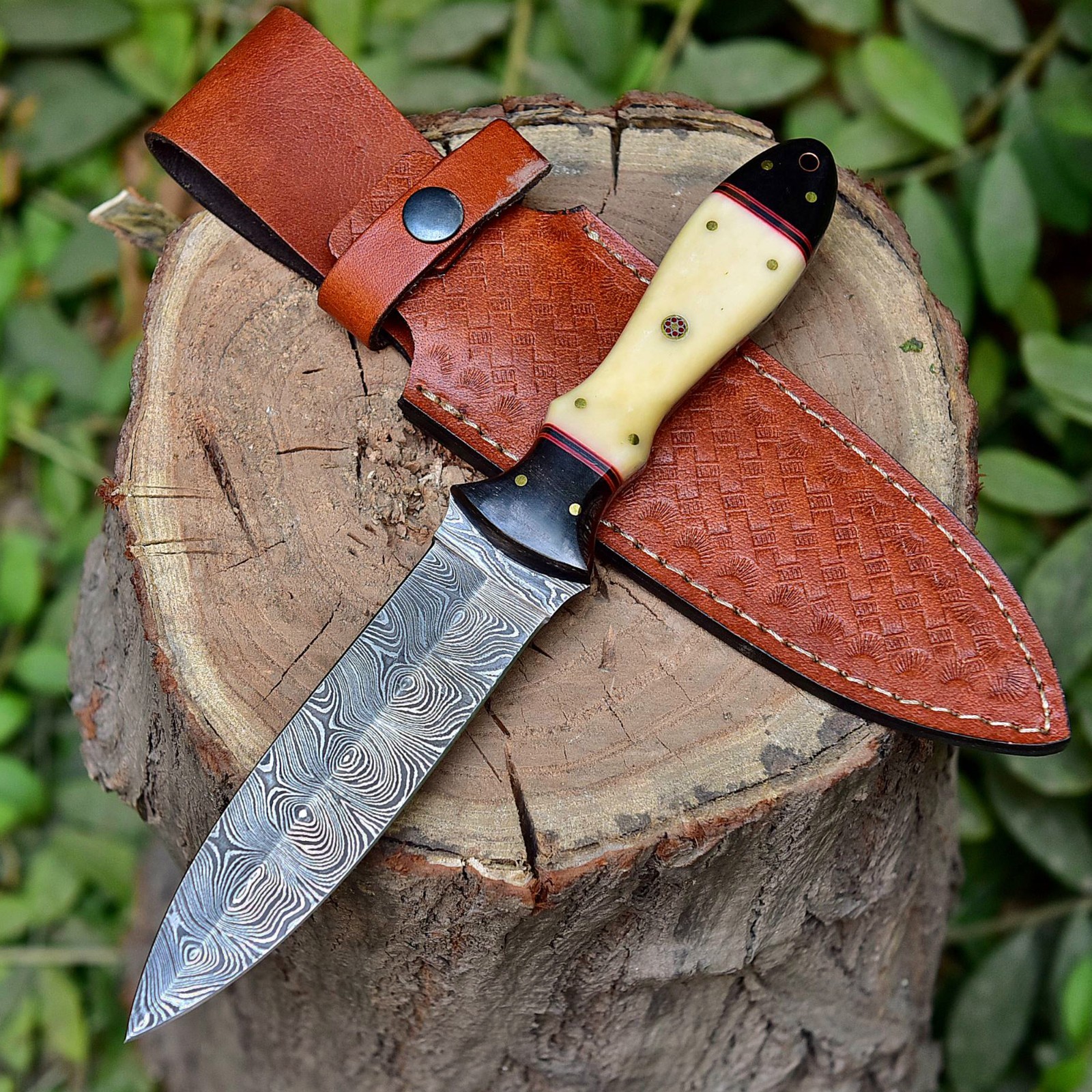 Damascus Steel Blade Double Edge Outdoor Knife for Survival, Camping, Hiking
