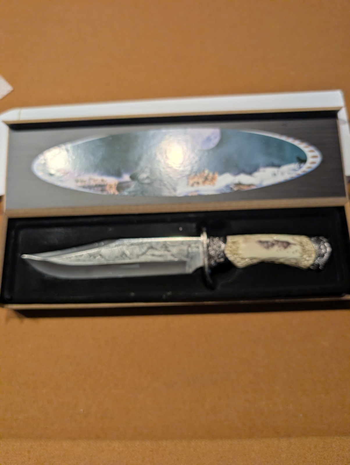 “Wolf” Decorative Wildlife Knife With Carved Resin Handle. 11” Overall. In Box.