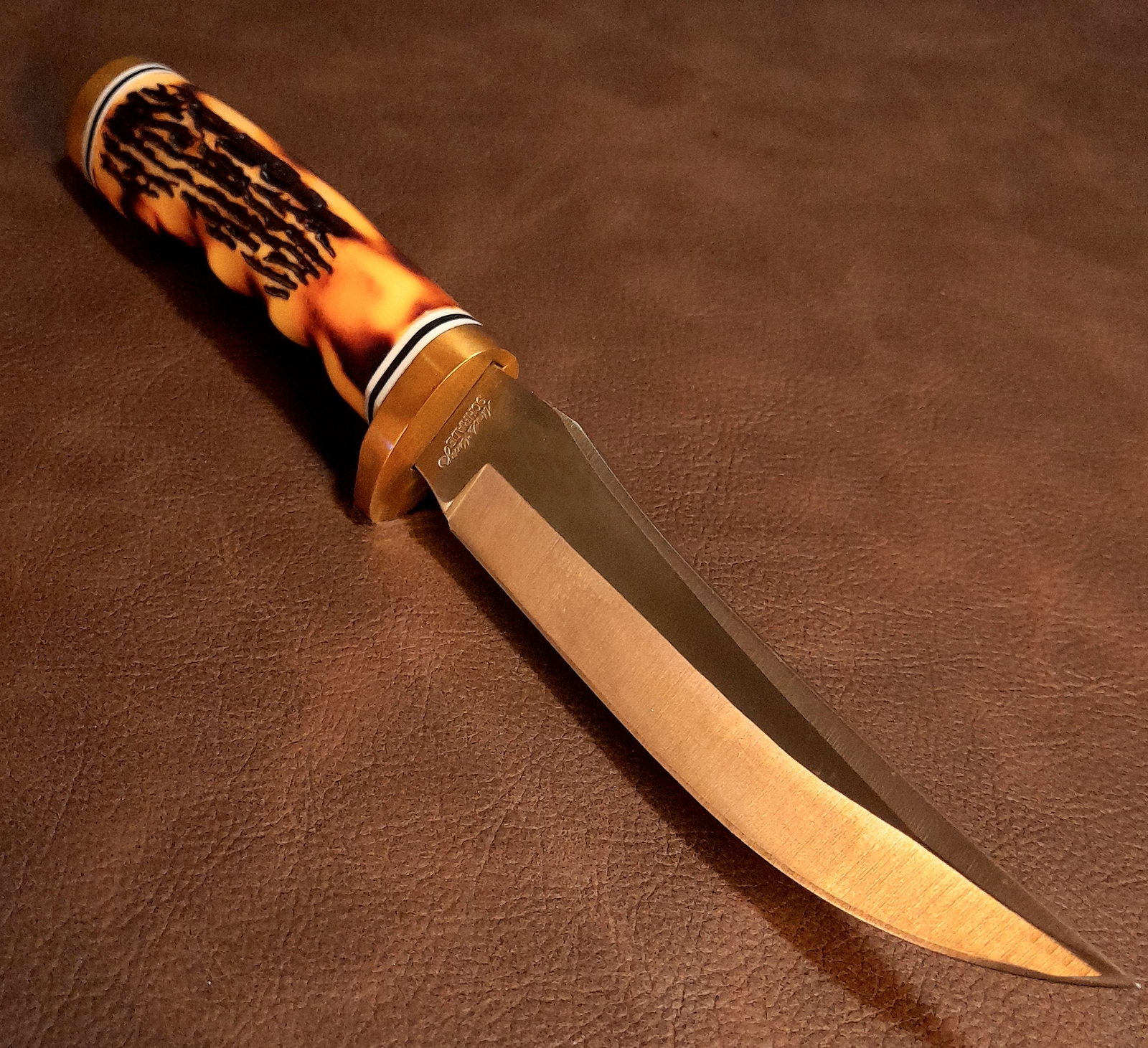 9 1/2″ Schrade Uncle Henry Golden Spike Knife w/Sheath, Stone & Staglon Handle