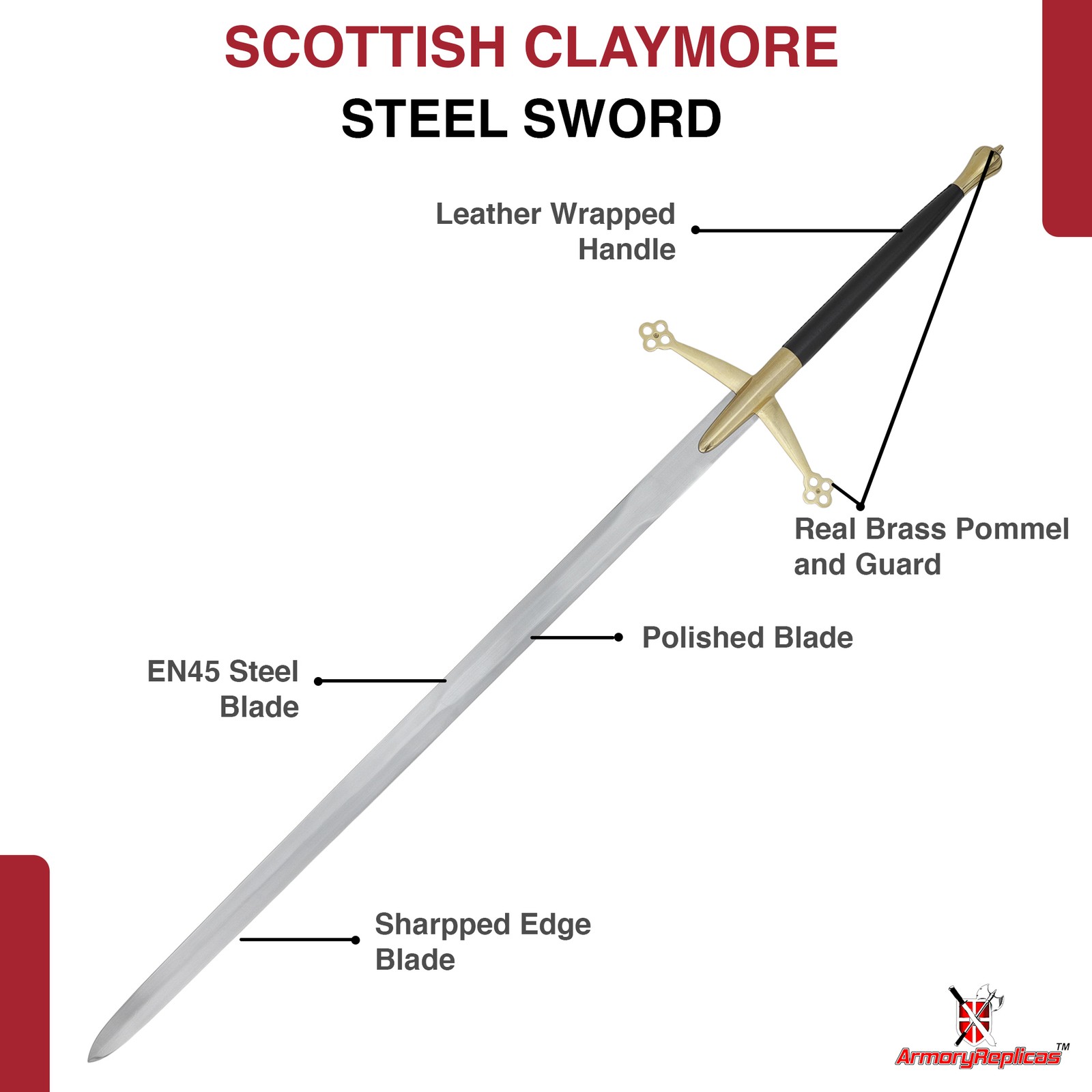 Scottish Claymore Medieval Sword Replica Two-Handed Carbon Steel Display Sword