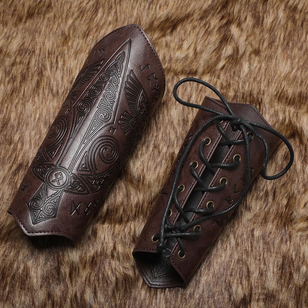 Men’s Medieval Viking Leather Bracers Embossed Sword Arm Guard Gauntlet Pair