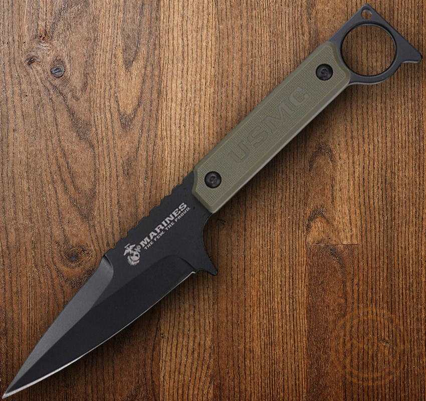 USMC Fixed Knife 4.75″ Black Full Tang Stainless Steel Blade Green Nylon Handle
