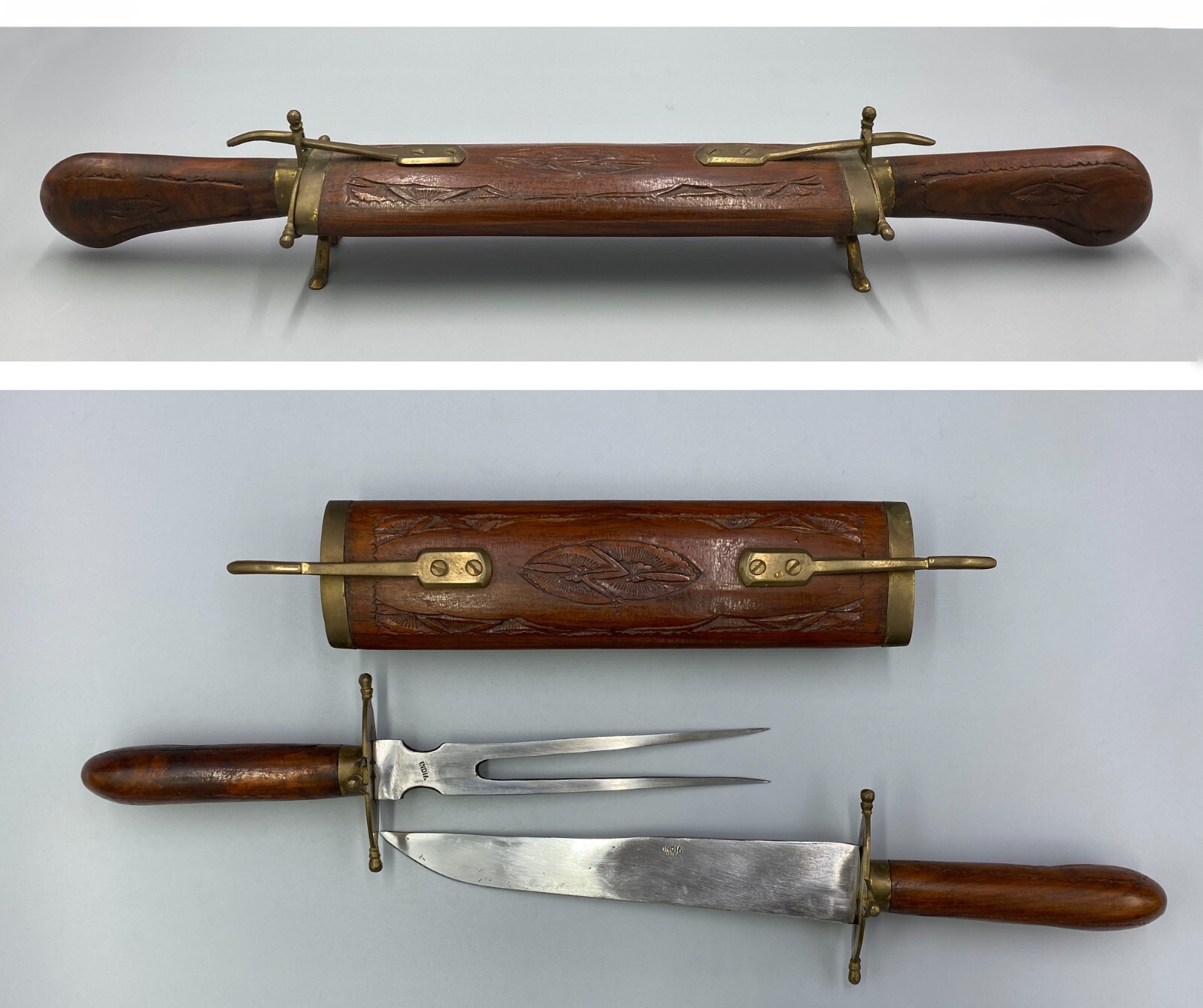 Vintage Indian knife and fork set wooden carved wood and brass trim