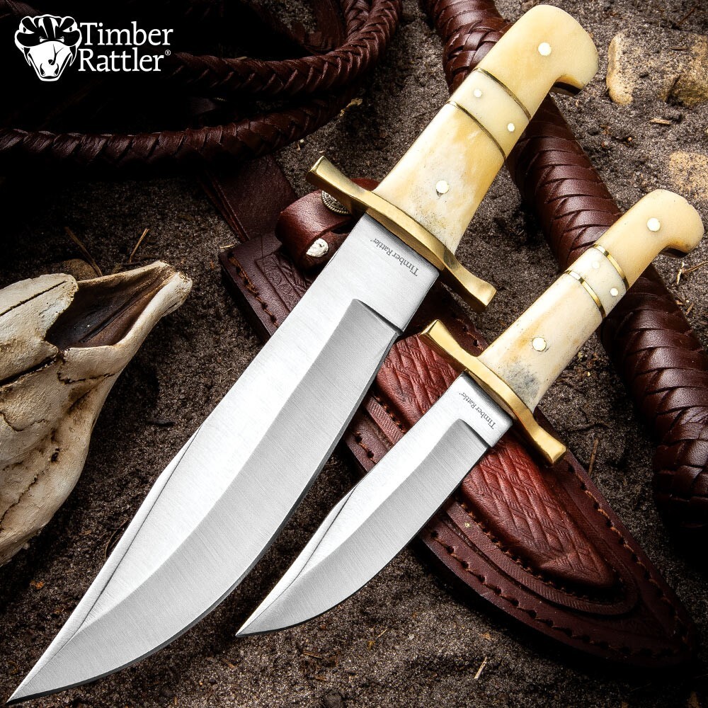 Timber Rattler 2-Piece Bowie Knife Set | Camel Bone Handles | 12″ and 8″ Overall