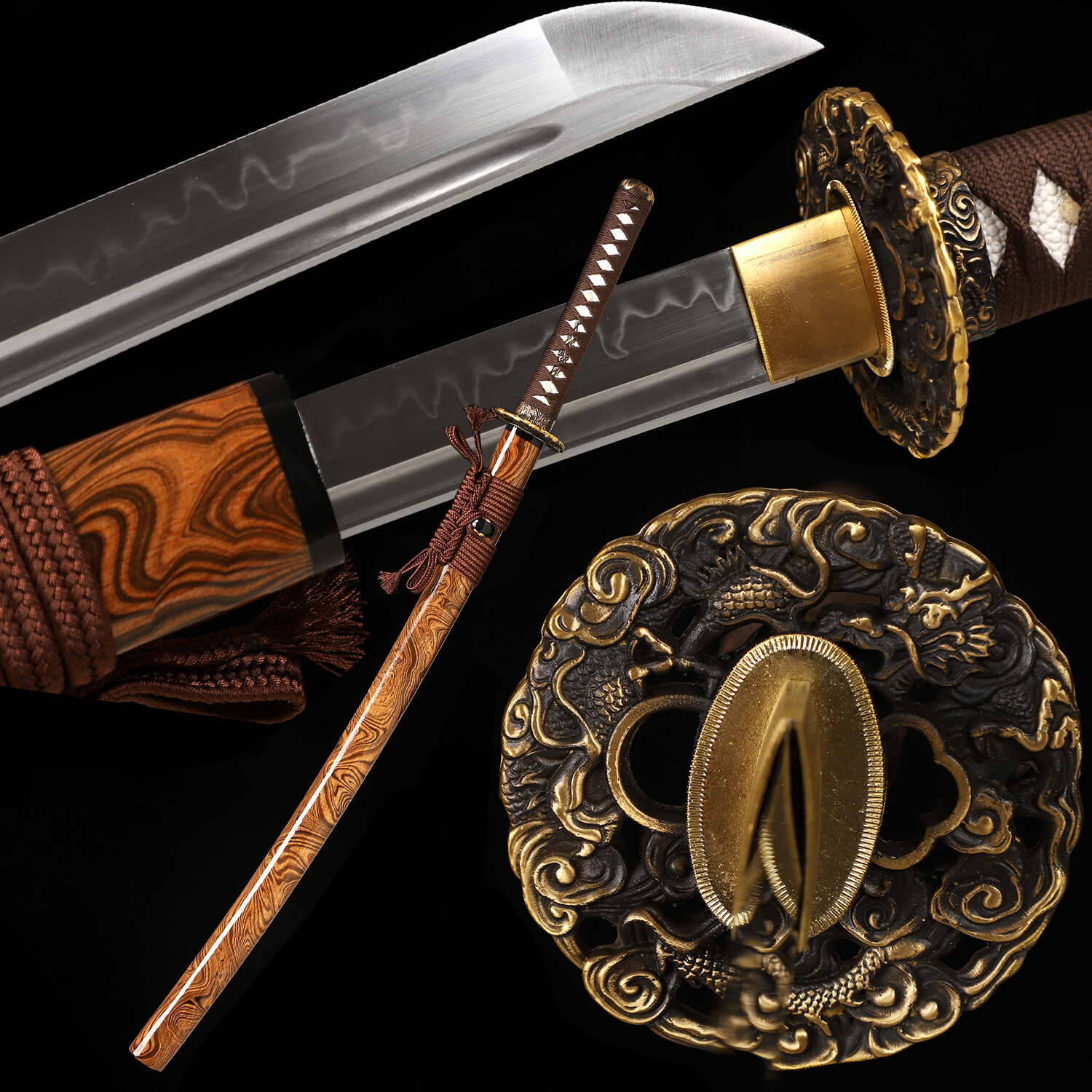 US SHIP Katana Sword Real Hamon Clay Tempered T10 Steel Razor Sharp Brass Tsuba