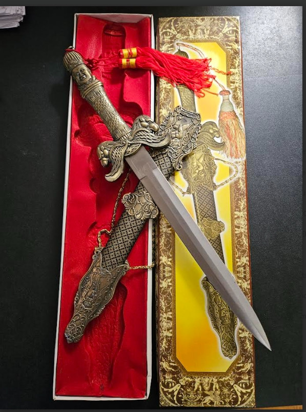 Long Buddha Dagger with Blood Groove, Sheath w/Chains and Red Tassle HK2588