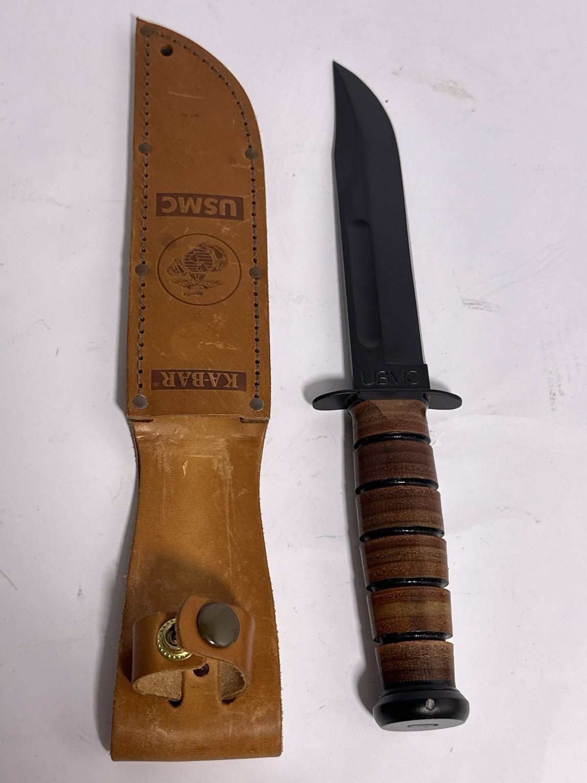 Ka-Bar USMC Fighting Utility Knife 1217 Olean NY 7” Blade Leather Sheath EXC