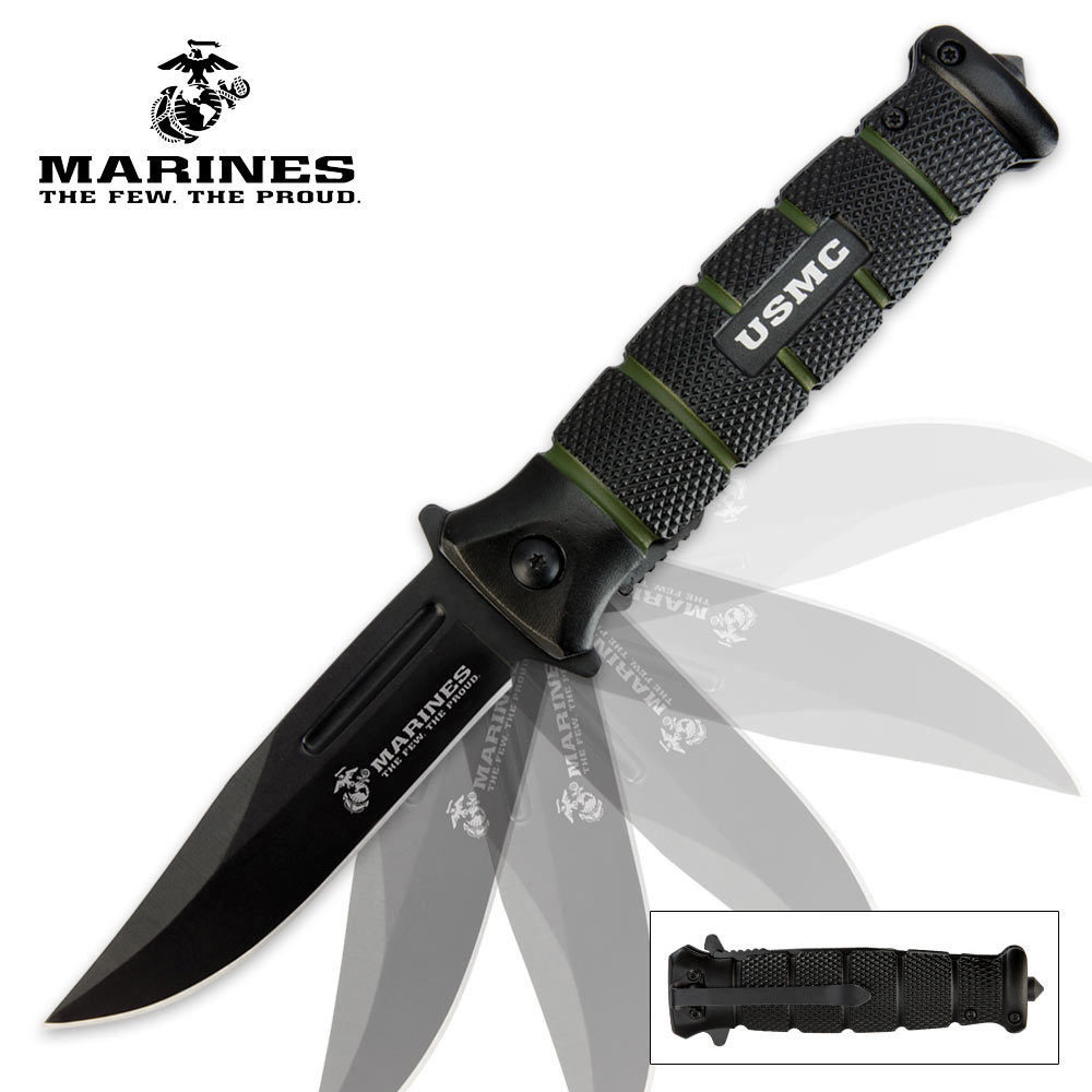8.5″ USMC Marines Spring Assisted Opening Tactical Rescue Black Pocket Knife