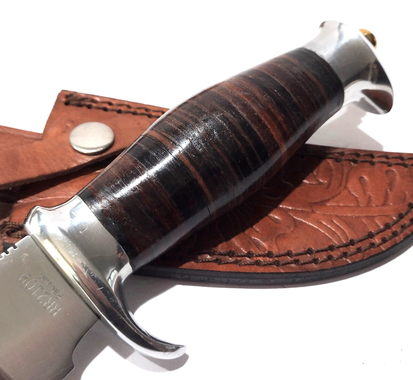 Rough Ryder Stacked Leather Handle Bowie Fixed Blade Skinning Hunting Knife