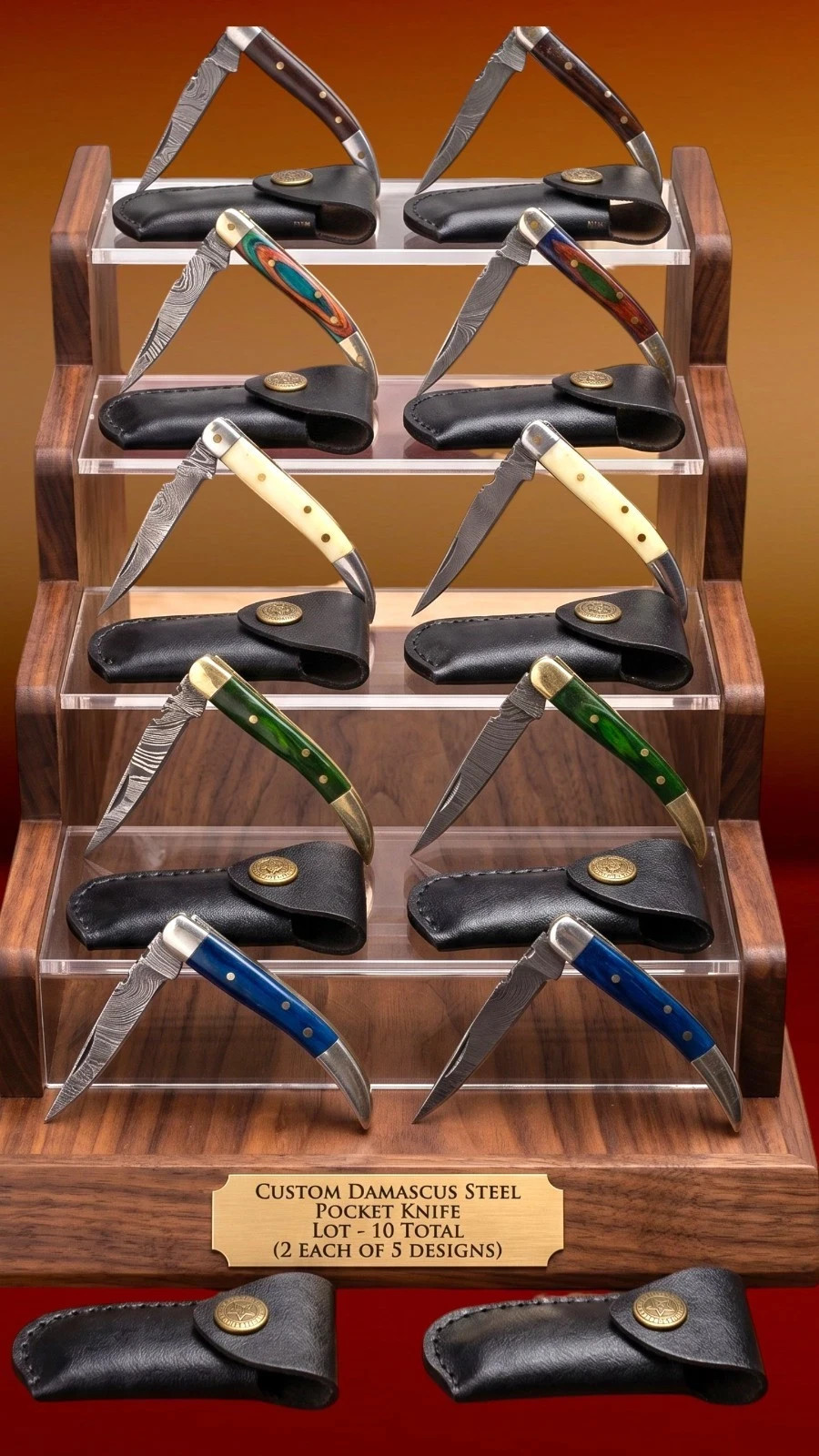 10x Damascus Folding Knife Lot Custom Pocket Knives Bone Wood Handle with Sheath